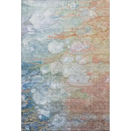 Coral Blue And Ivory Abstract Washable Area Rug With UV Protection Photo 2