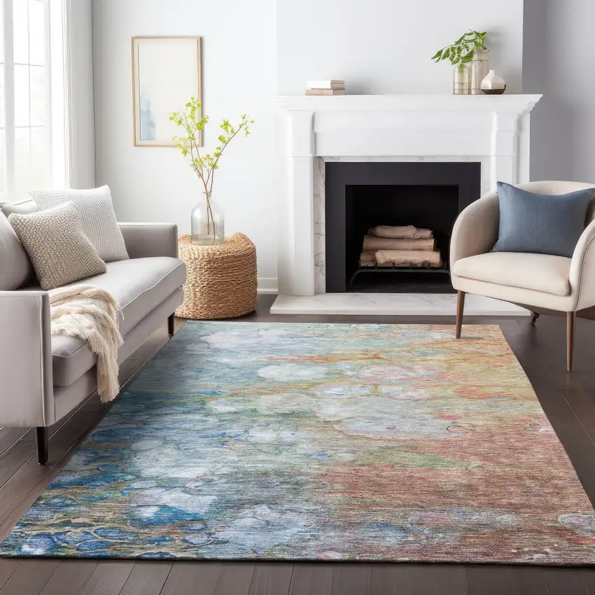 Coral Blue And Ivory Abstract Washable Area Rug With UV Protection Photo 5