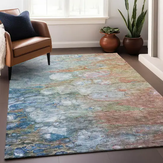 Coral Blue And Ivory Abstract Washable Area Rug With UV Protection Photo 4