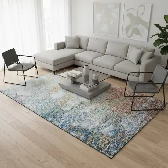 Coral Blue And Ivory Abstract Washable Area Rug With UV Protection Photo 1