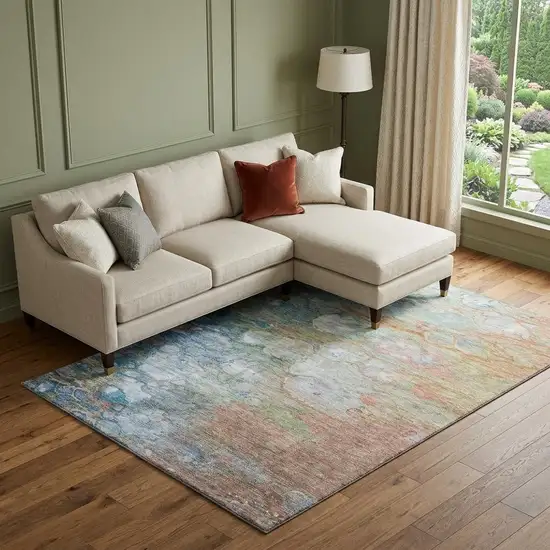 Coral Blue And Ivory Abstract Washable Area Rug With UV Protection Photo 1