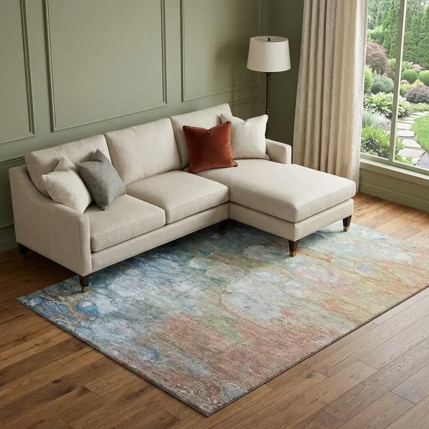 Coral Blue And Ivory Abstract Washable Area Rug With UV Protection Photo 1