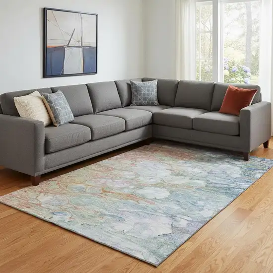 Coral Blue And Ivory Abstract Washable Area Rug With UV Protection Photo 1