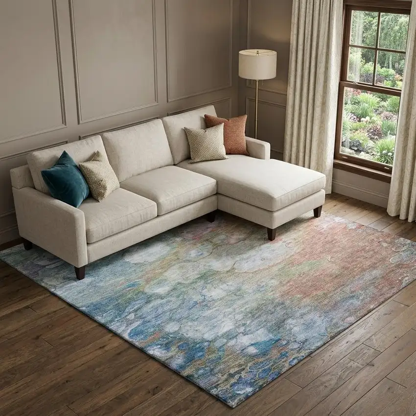 Coral Blue And Ivory Abstract Washable Area Rug With UV Protection Photo 1