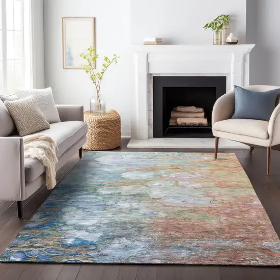 Coral Blue And Ivory Abstract Washable Area Rug With UV Protection Photo 6