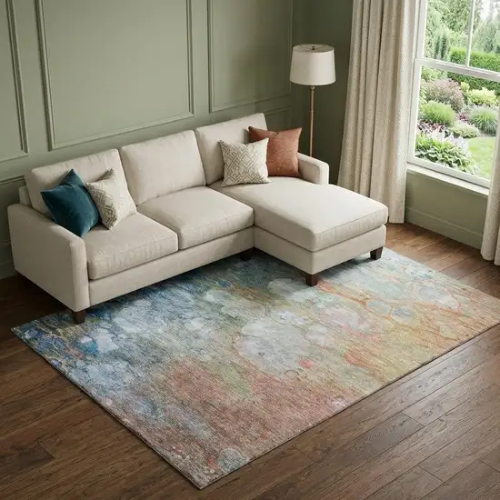 Coral Blue And Ivory Abstract Washable Area Rug With UV Protection Photo 1