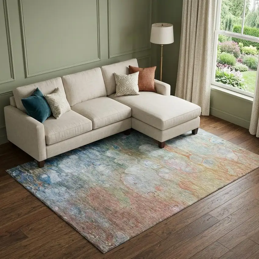 Coral Blue And Ivory Abstract Washable Area Rug With UV Protection Photo 1