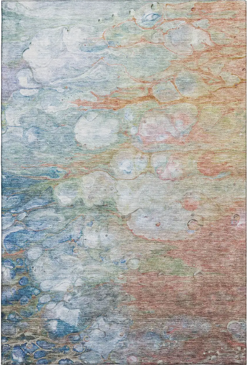 Coral Blue And Ivory Abstract Washable Area Rug With UV Protection Photo 2