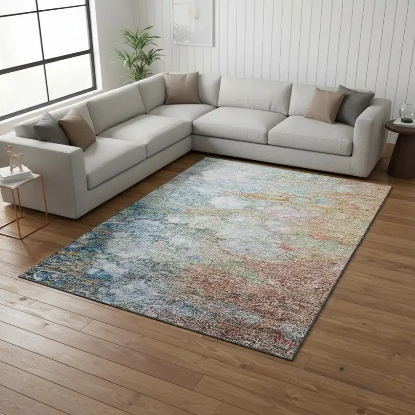 Coral Blue And Ivory Abstract Washable Area Rug With UV Protection Photo 1