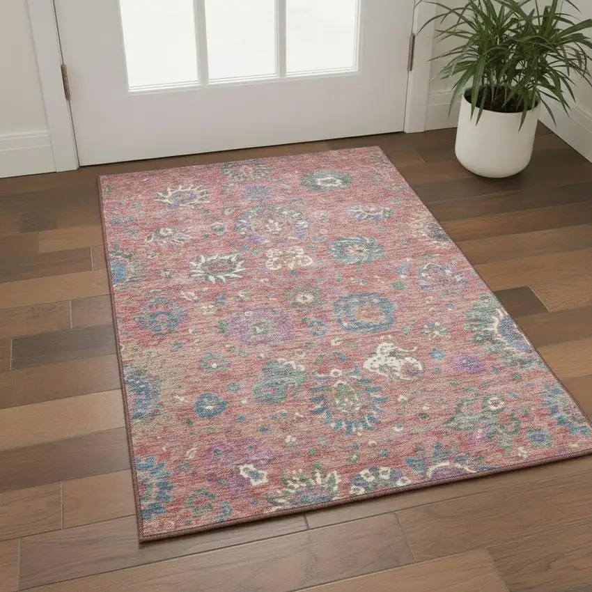 Coral Blue And Ivory Oriental Washable Area Rug With UV Protection Photo 1