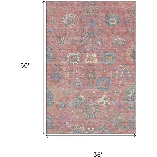 Coral Blue And Ivory Oriental Washable Area Rug With UV Protection Photo 9
