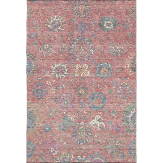 Coral Blue And Ivory Oriental Washable Area Rug With UV Protection Photo 1