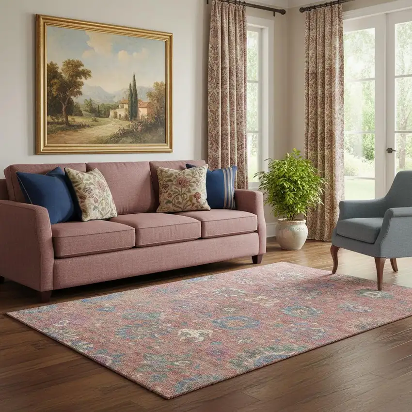 Coral Blue And Ivory Oriental Washable Area Rug With UV Protection Photo 2