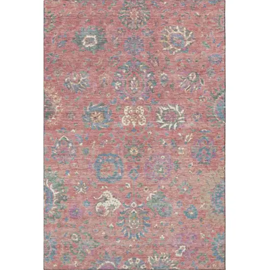Coral Blue And Ivory Oriental Washable Area Rug With UV Protection Photo 3