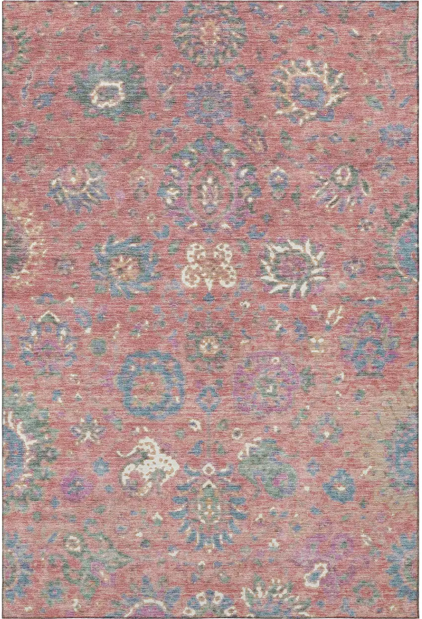 Coral Blue And Ivory Oriental Washable Area Rug With UV Protection Photo 3