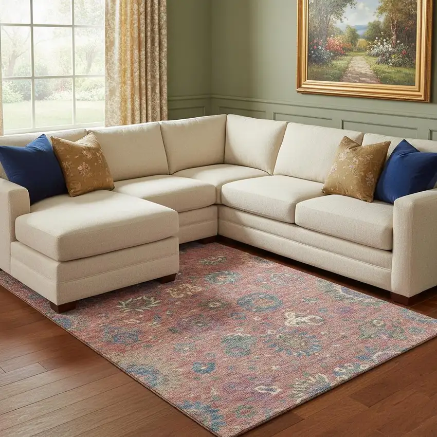 Coral Blue And Ivory Oriental Washable Area Rug With UV Protection Photo 2