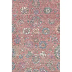 Photo of Coral Blue And Ivory Oriental Washable Area Rug With UV Protection