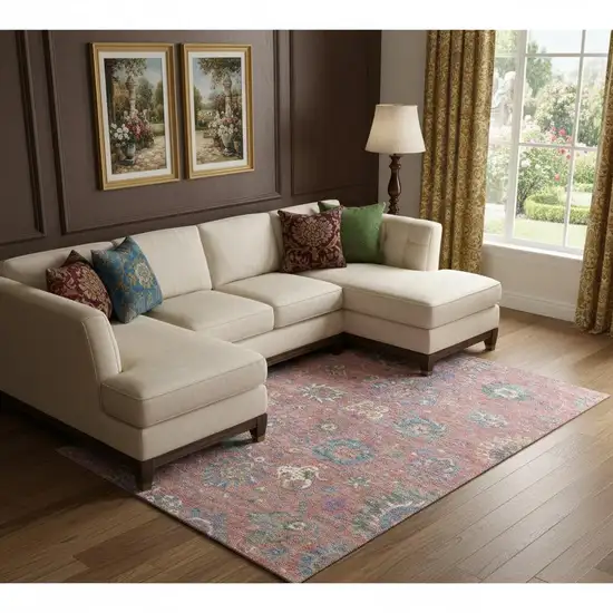 Coral Blue And Ivory Oriental Washable Area Rug With UV Protection Photo 1