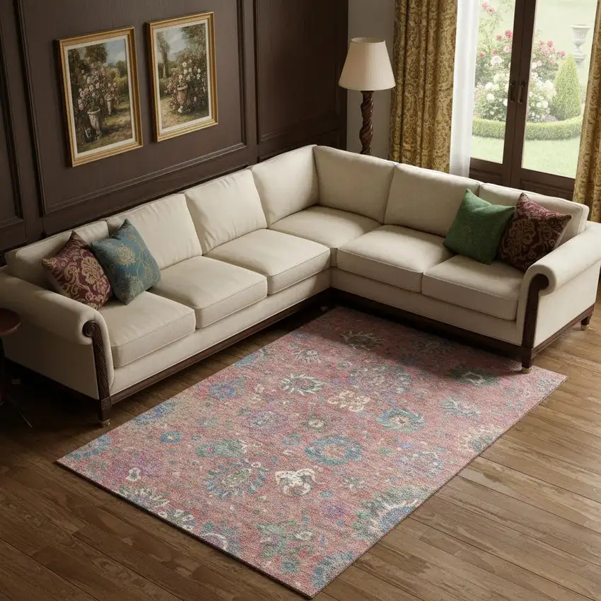 Coral Blue And Ivory Oriental Washable Area Rug With UV Protection Photo 2