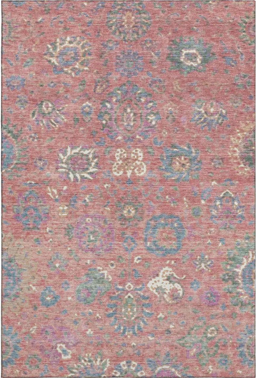 Coral Blue And Ivory Oriental Washable Area Rug With UV Protection Photo 1