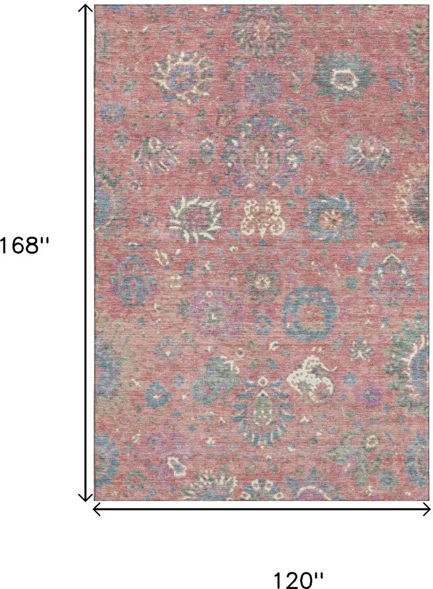 Coral Blue And Ivory Oriental Washable Area Rug With UV Protection Photo 9