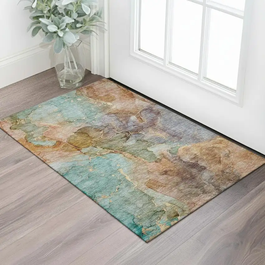 Coral Blue And Purple Abstract Washable Area Rug With UV Protection Photo 1