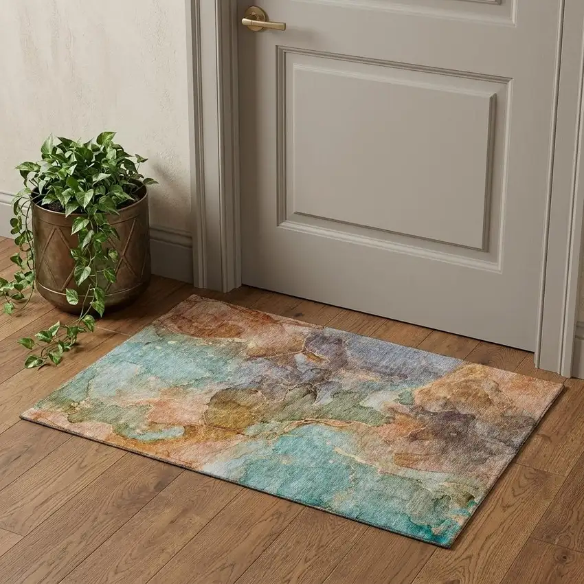 Coral Blue And Purple Abstract Washable Area Rug With UV Protection Photo 1