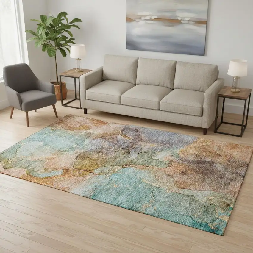 Coral Blue And Purple Abstract Washable Area Rug With UV Protection Photo 2