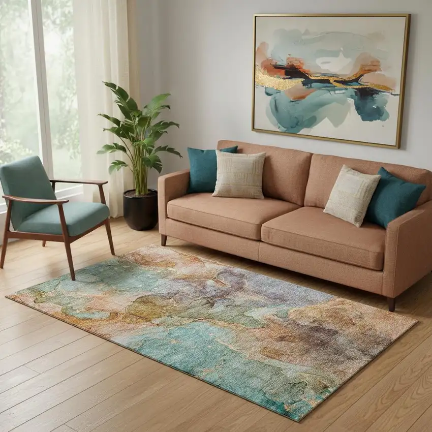 Coral Blue And Purple Abstract Washable Area Rug With UV Protection Photo 1