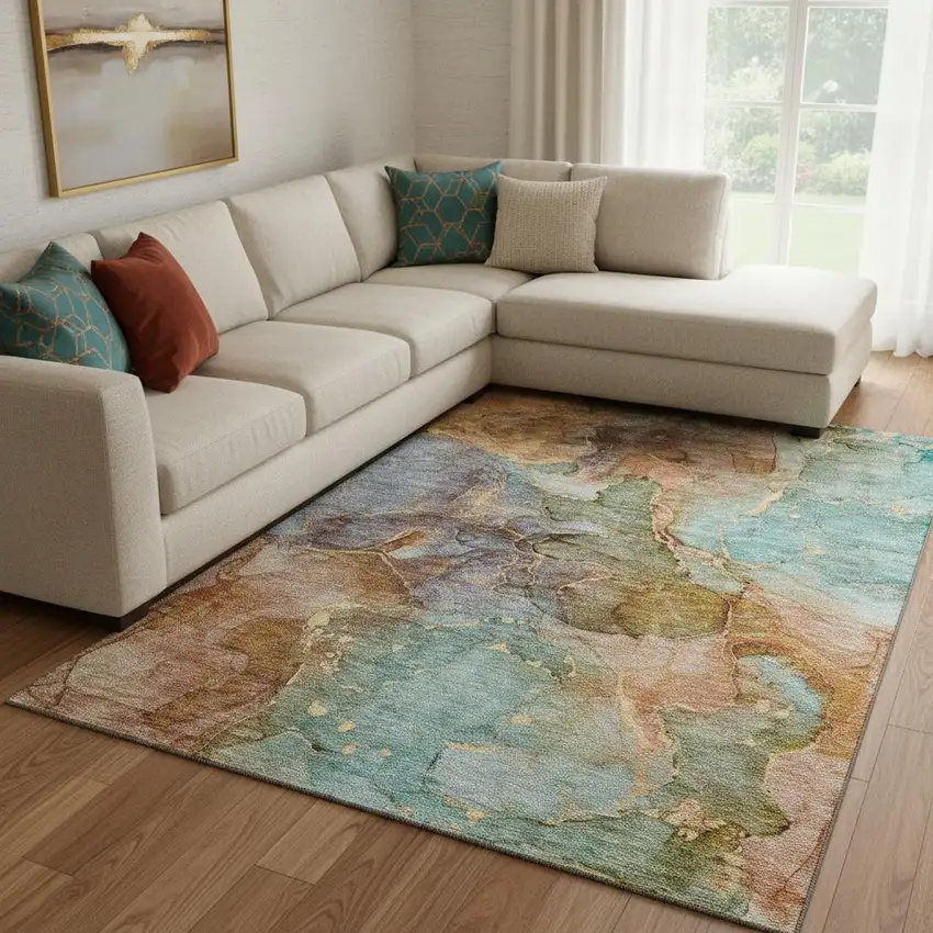 Coral Blue And Purple Abstract Washable Area Rug With UV Protection Photo 1