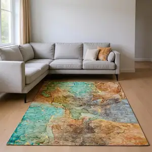 Photo of Coral Blue And Purple Abstract Washable Area Rug With UV Protection