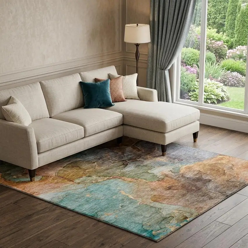 Coral Blue And Purple Abstract Washable Area Rug With UV Protection Photo 1