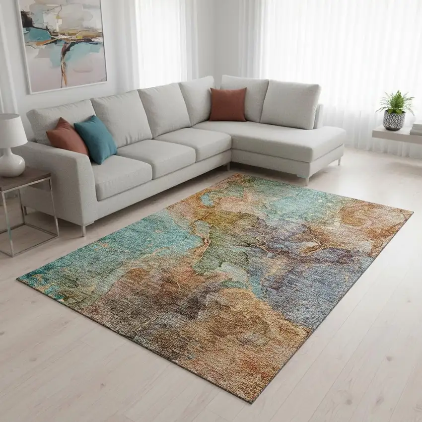 Coral Blue And Purple Abstract Washable Area Rug With UV Protection Photo 1