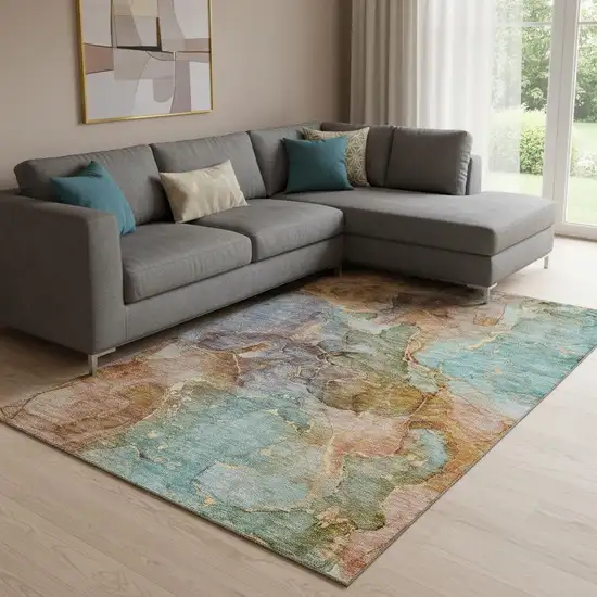 Coral Blue And Purple Abstract Washable Area Rug With UV Protection Photo 1