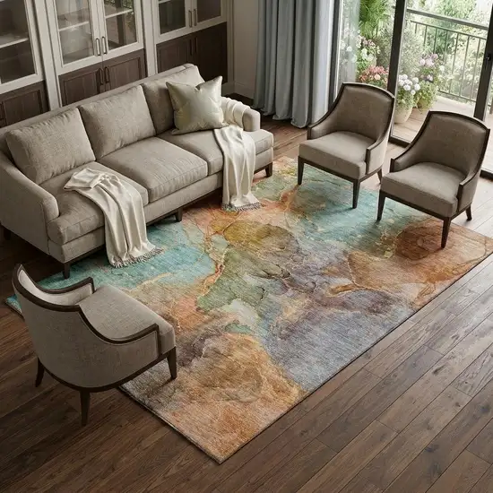 Coral Blue And Purple Abstract Washable Area Rug With UV Protection Photo 1