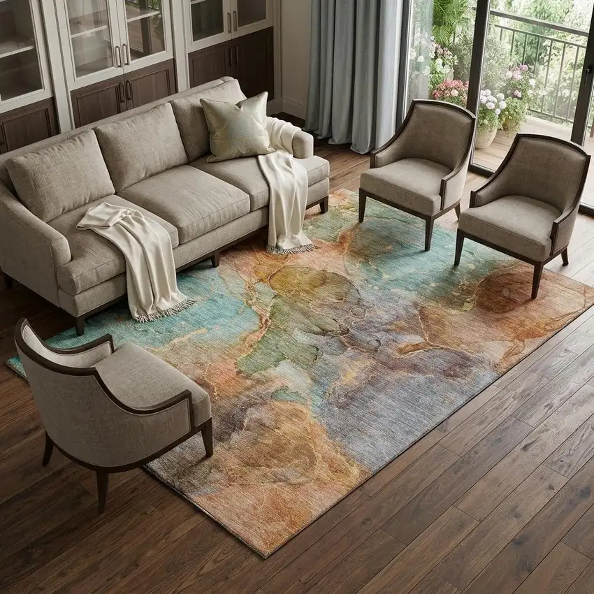 Coral Blue And Purple Abstract Washable Area Rug With UV Protection Photo 1
