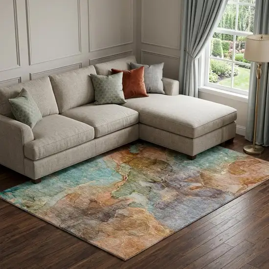 Coral Blue And Purple Abstract Washable Area Rug With UV Protection Photo 1