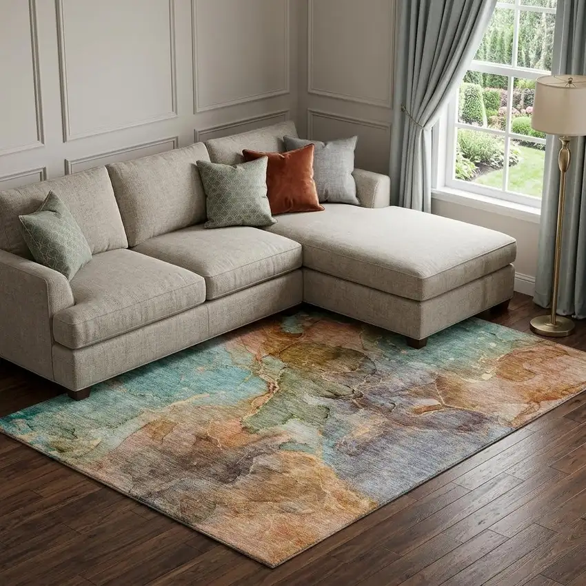 Coral Blue And Purple Abstract Washable Area Rug With UV Protection Photo 1