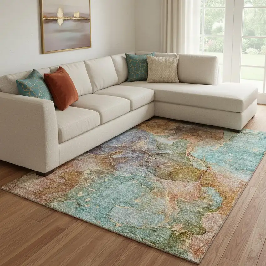 Coral Blue And Purple Abstract Washable Area Rug With UV Protection Photo 1