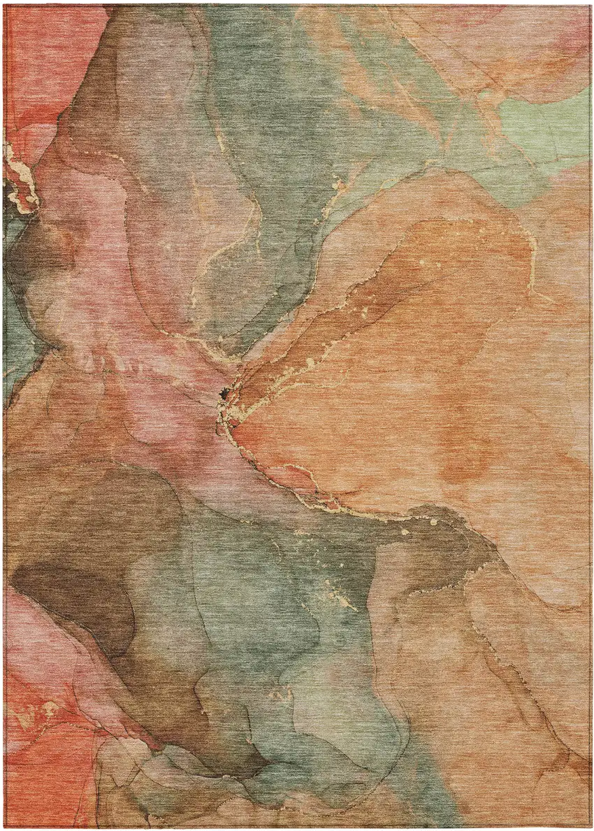 Coral Brown And Mint Green Abstract Washable Indoor Outdoor Area Rug Photo 9