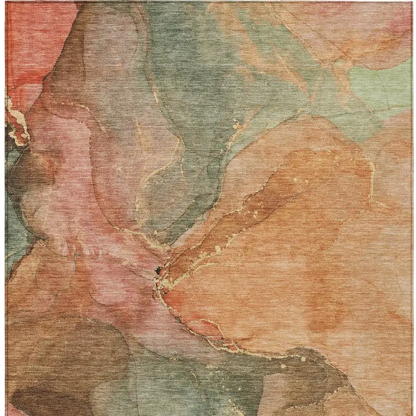 Coral Brown And Mint Green Abstract Washable Indoor Outdoor Area Rug Photo 7