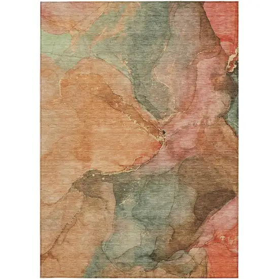 Coral Brown And Mint Green Abstract Washable Indoor Outdoor Area Rug Photo 1