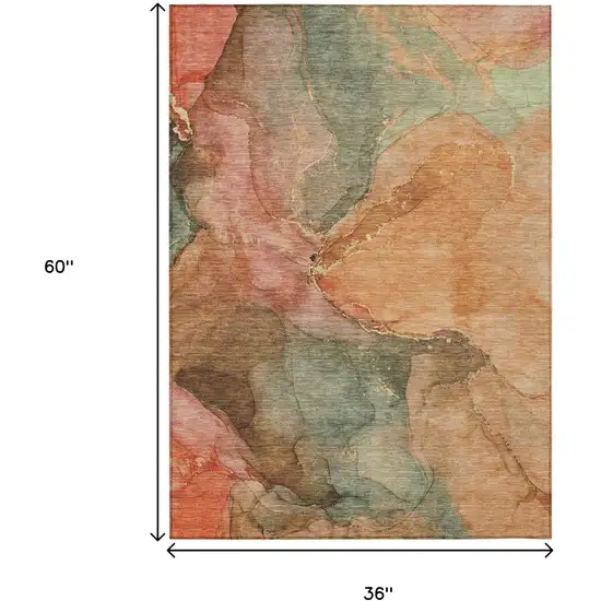 Coral Brown And Mint Green Abstract Washable Indoor Outdoor Area Rug Photo 9