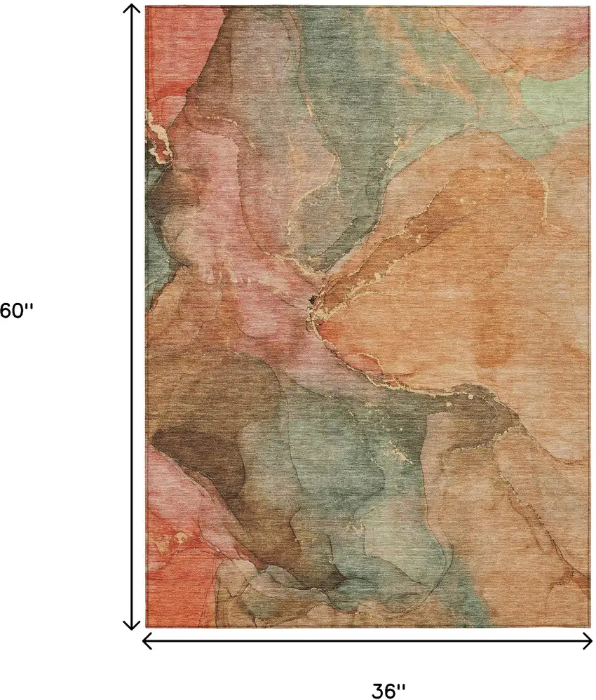 Coral Brown And Mint Green Abstract Washable Indoor Outdoor Area Rug Photo 9