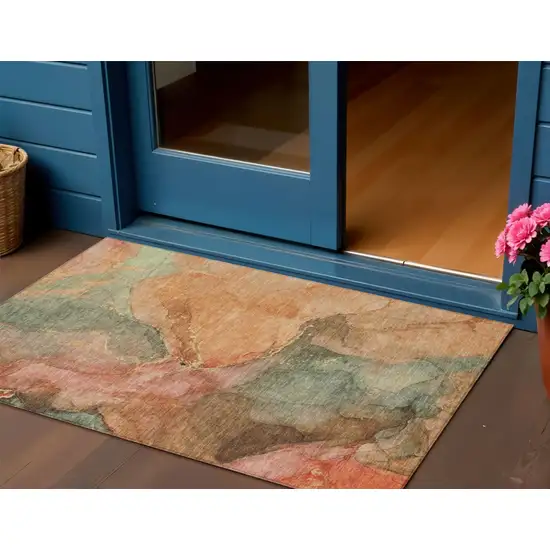 Coral Brown And Mint Green Abstract Washable Indoor Outdoor Area Rug Photo 2