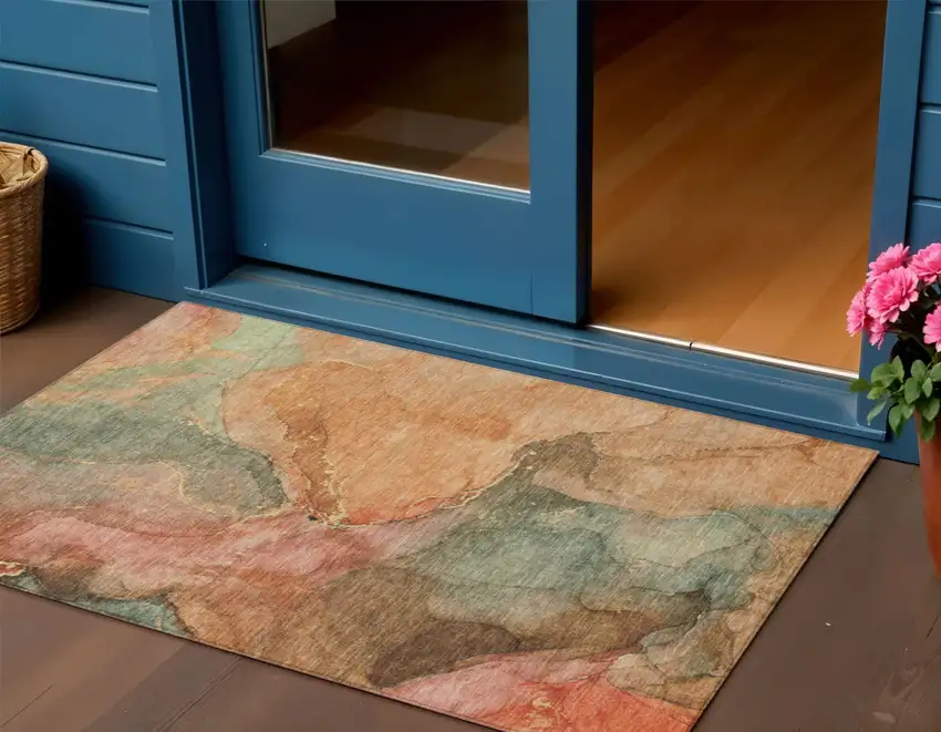 Coral Brown And Mint Green Abstract Washable Indoor Outdoor Area Rug Photo 2