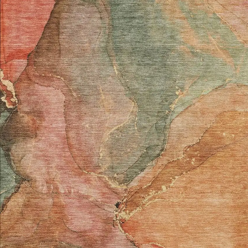 Coral Brown And Mint Green Abstract Washable Indoor Outdoor Area Rug Photo 3