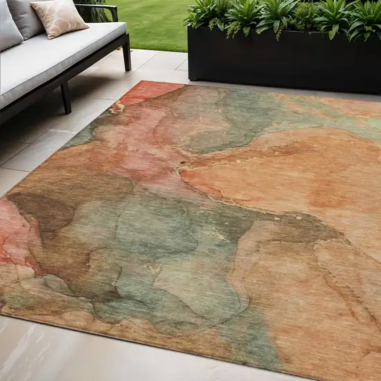 Coral Brown And Mint Green Abstract Washable Indoor Outdoor Area Rug Photo 2