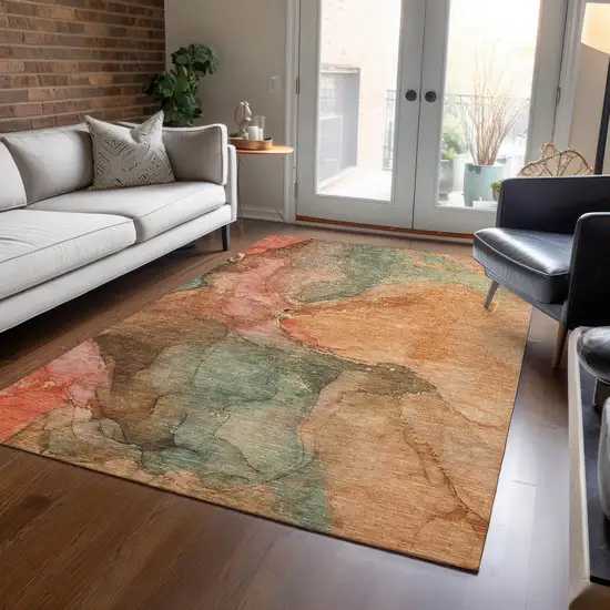 Coral Brown And Mint Green Abstract Washable Indoor Outdoor Area Rug Photo 7
