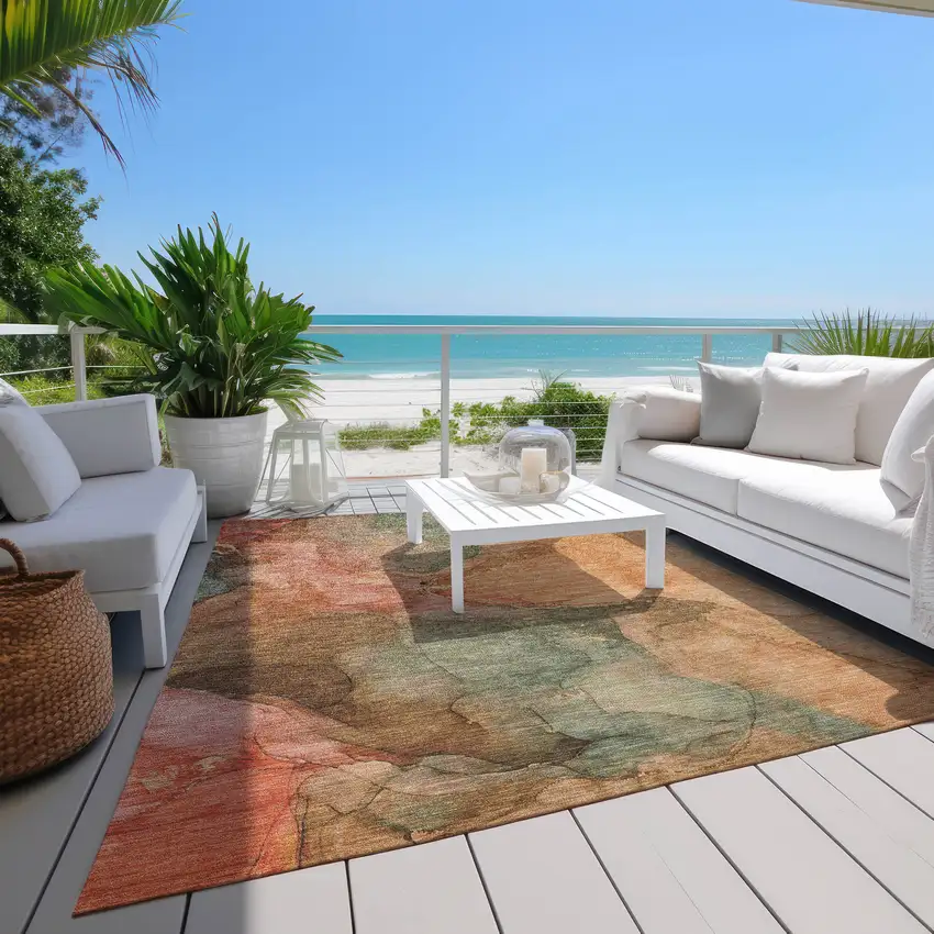 Coral Brown And Mint Green Abstract Washable Indoor Outdoor Area Rug Photo 8